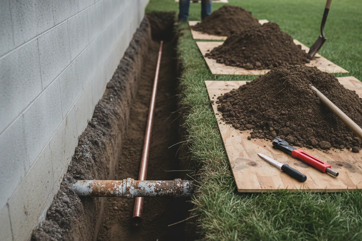 Excavated water line trench during Water Heater Repair in Monkton